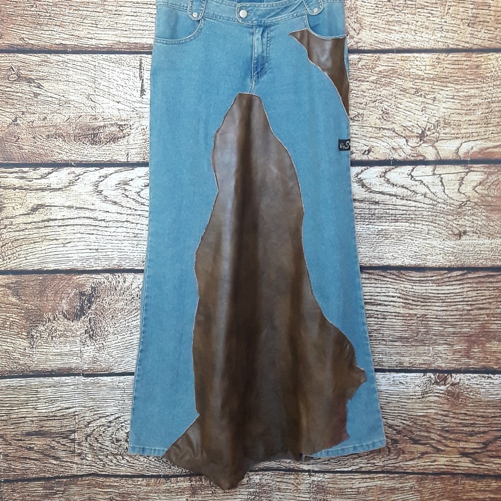 Western Modest Jean A Line Maxi Skirt Faux Leather Insert Size 7